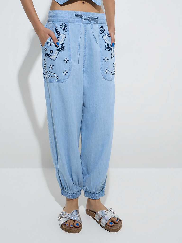Bombay Paisley Blue Embroidered Harem-Style Cotton Joggers