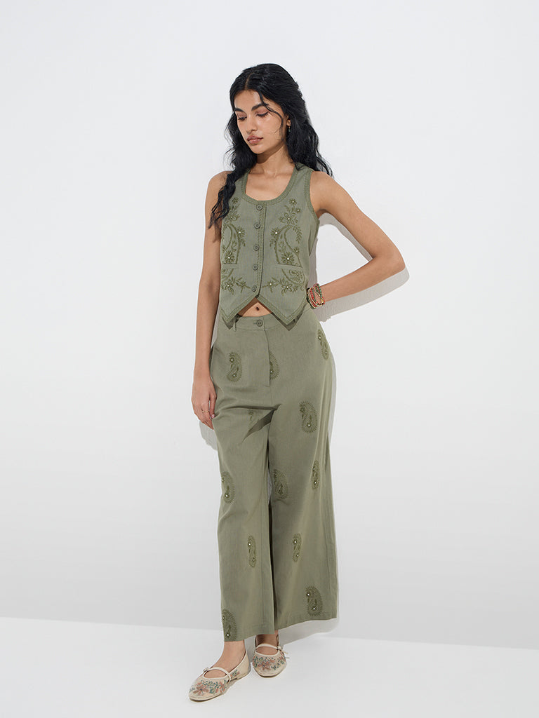 Bombay Paisley Olive Paisley High-Rise Cotton-Blend Pants