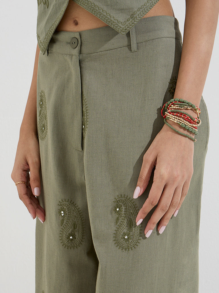 Bombay Paisley Olive Paisley High-Rise Cotton-Blend Pants