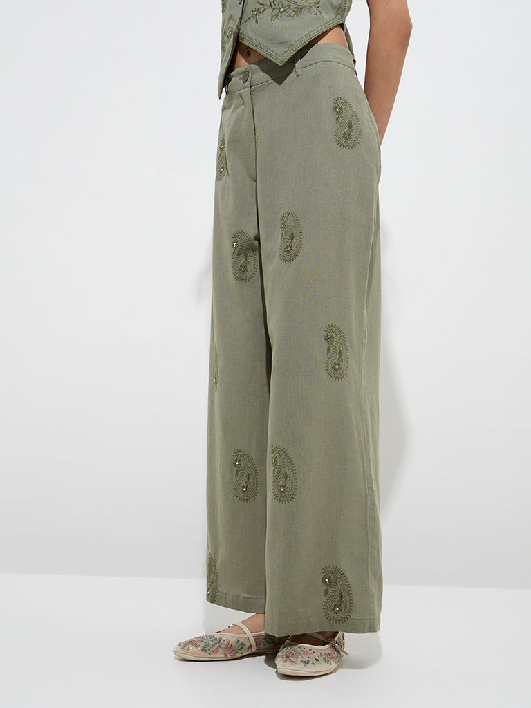 Bombay Paisley Olive Paisley High-Rise Cotton-Blend Pants