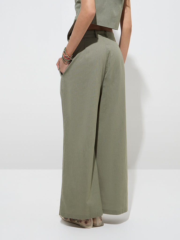 Bombay Paisley Olive Paisley High-Rise Cotton-Blend Pants