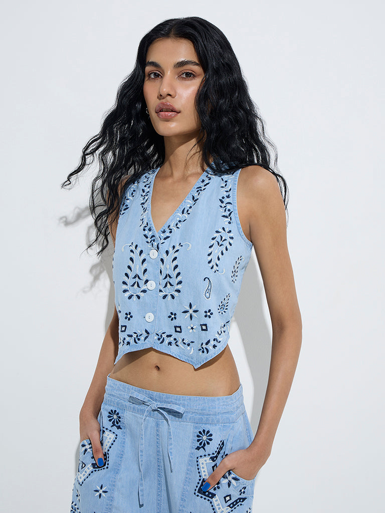 Bombay Paisley Blue Waistcoat-Style Cotton-Blend Top