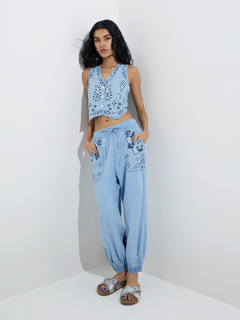 Bombay Paisley Blue Waistcoat-Style Cotton-Blend Top