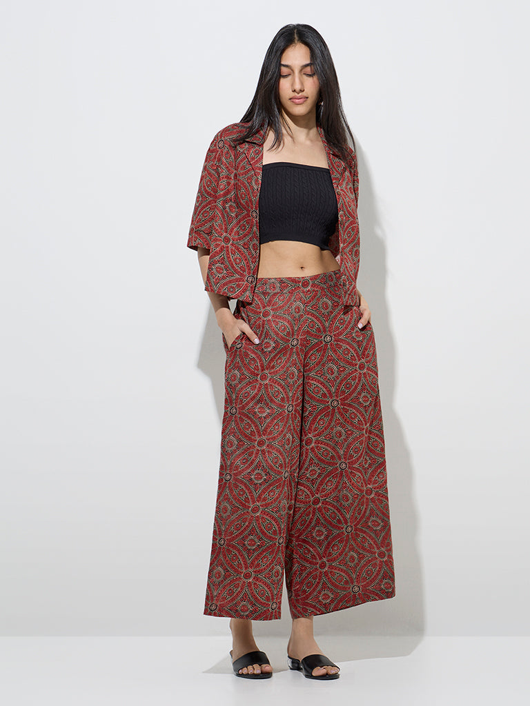 Utsa Red Floral Pattern Cotton Ethnic Shirt