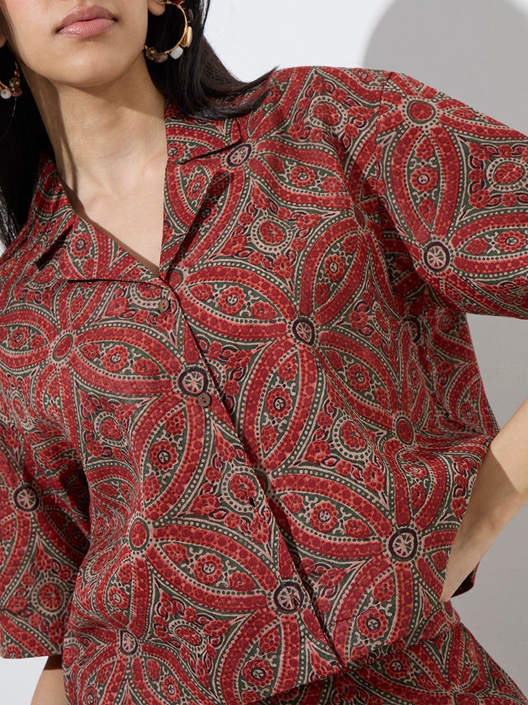 Utsa Red Floral Pattern Cotton Ethnic Shirt