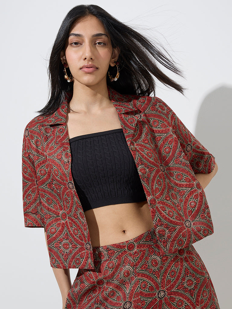 Utsa Red Floral Pattern Cotton Ethnic Shirt