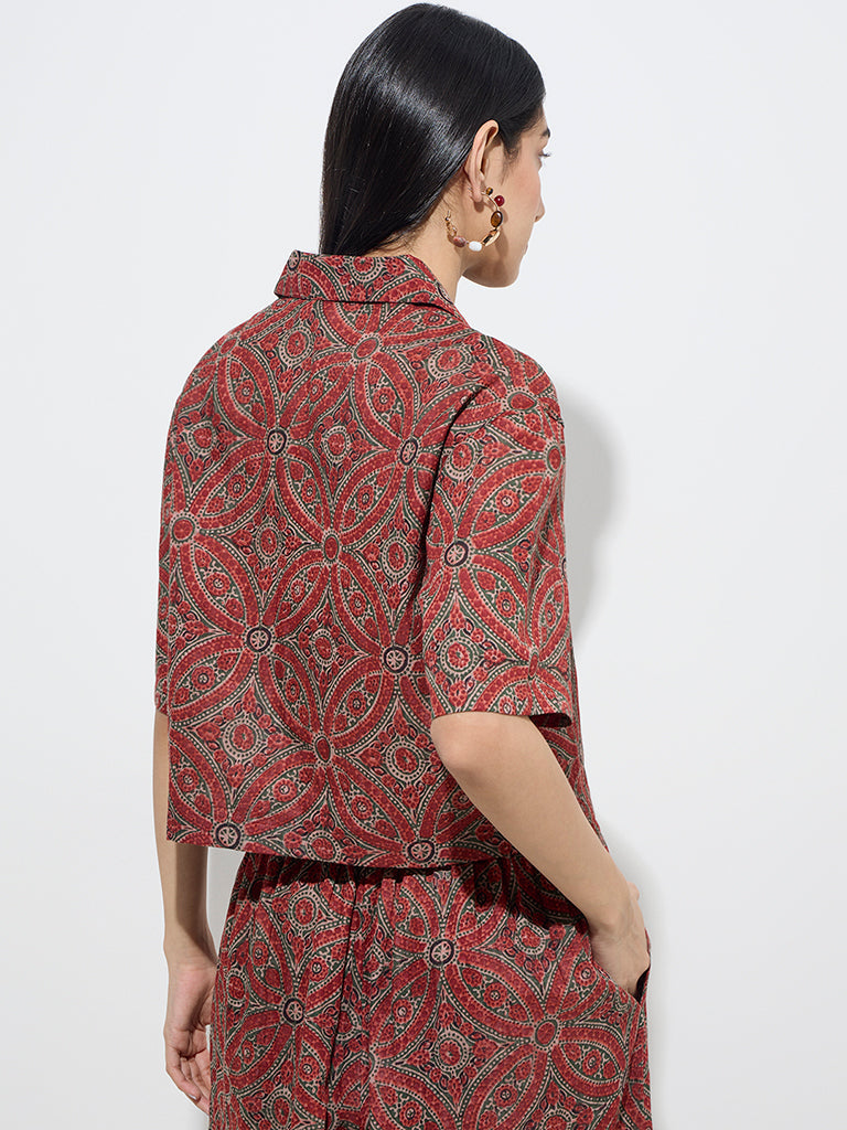 Utsa Red Floral Pattern Cotton Ethnic Shirt