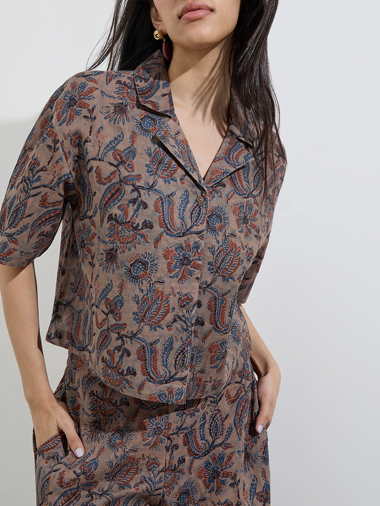 Utsa Taupe Botanical Design Cotton Ethnic Shirt