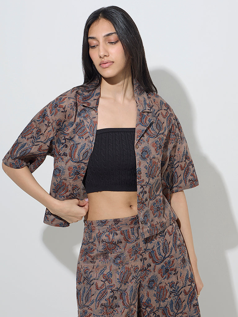 Utsa Taupe Botanical Design Cotton Ethnic Shirt