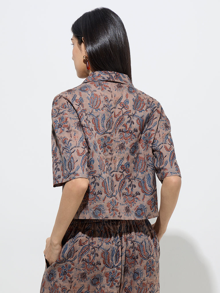 Utsa Taupe Botanical Design Cotton Ethnic Shirt