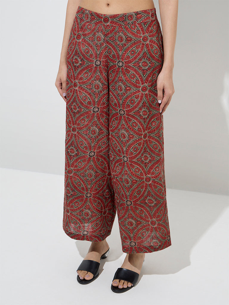 Utsa Red Floral Design Cotton Palazzos