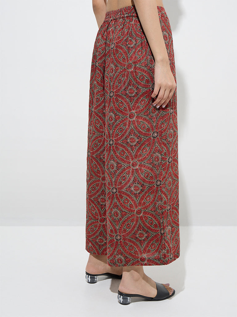 Utsa Red Floral Design Cotton Palazzos