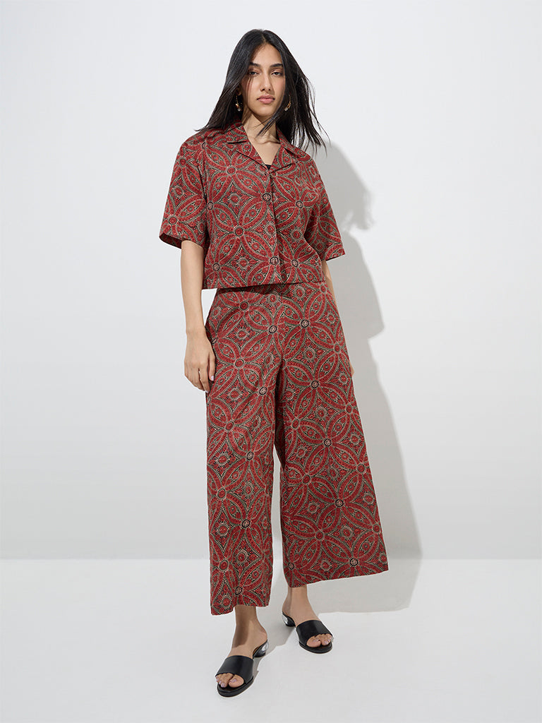 Utsa Red Floral Design Cotton Palazzos