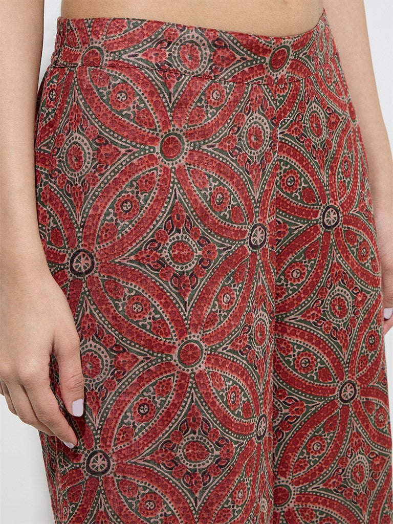 Utsa Red Floral Design Cotton Palazzos