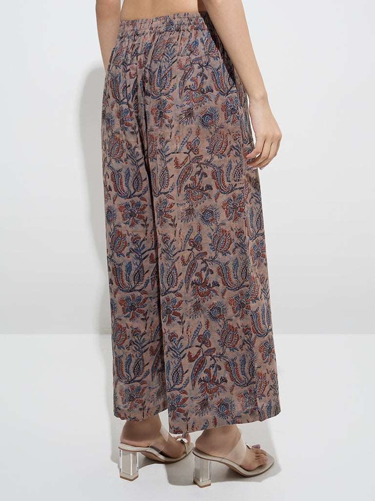 Utsa Taupe Botanical Design Cotton Palazzos