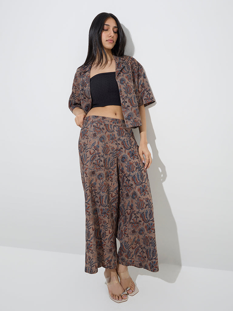 Utsa Taupe Botanical Design Cotton Palazzos