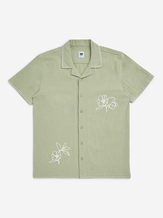 Y&F Kids Sage Floral Embroidered Resort-Fit Cotton Shirt