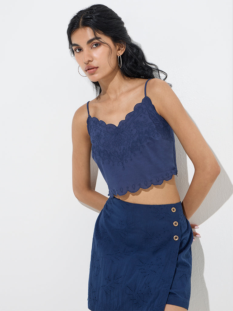 Bombay Paisley Navy Floral Embroidered Cotton Crop Top