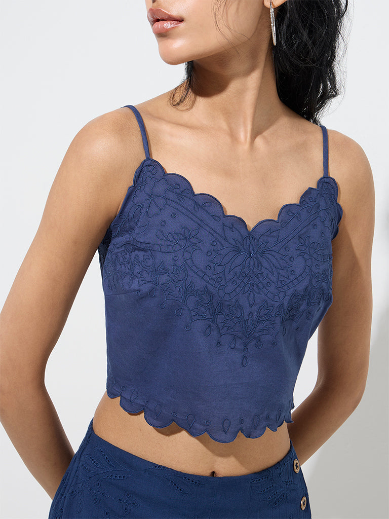 Bombay Paisley Navy Floral Embroidered Cotton Crop Top