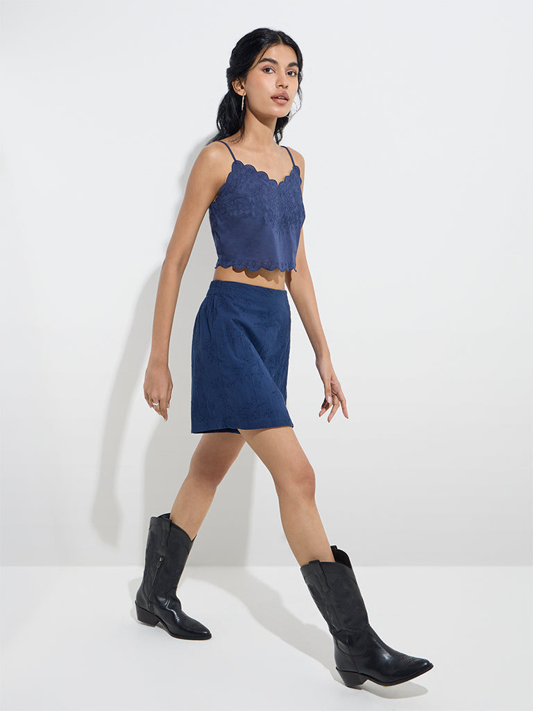 Bombay Paisley Navy Floral Embroidered Cotton Crop Top