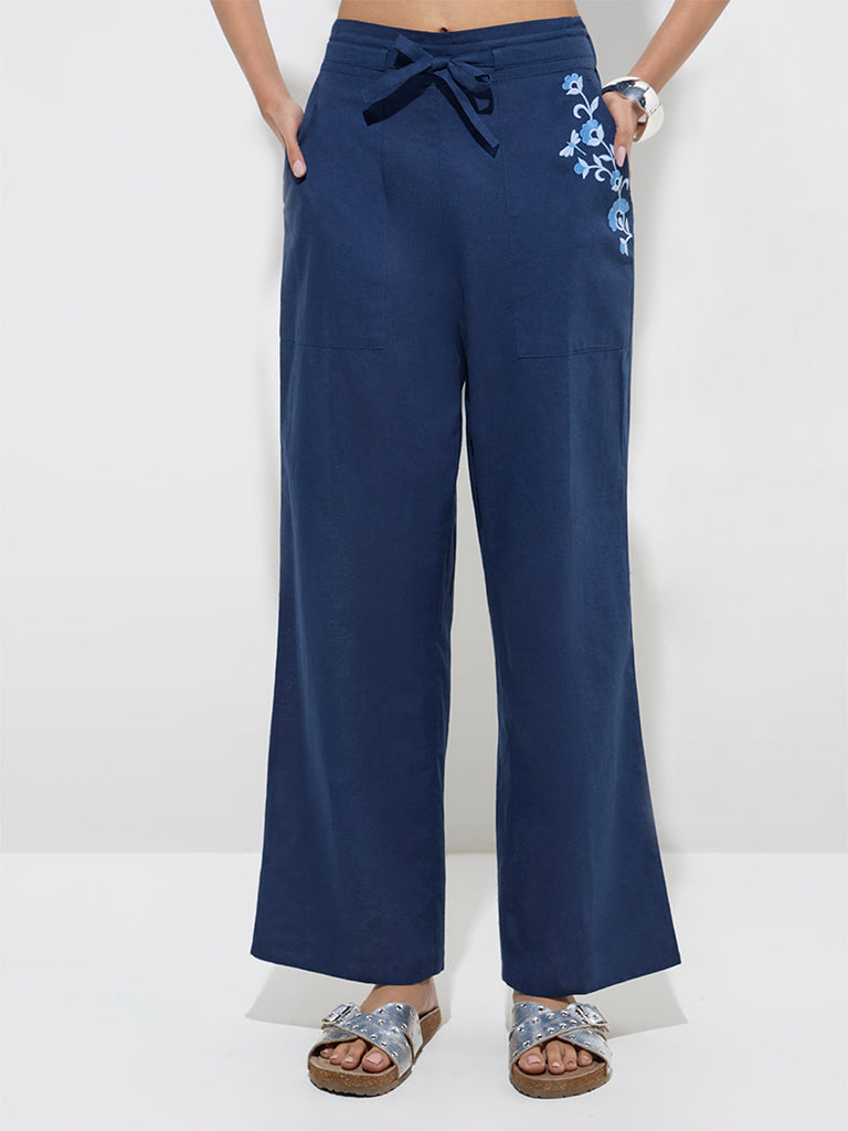Bombay Paisley Navy Floral High-Rise Cotton-Blend Pants