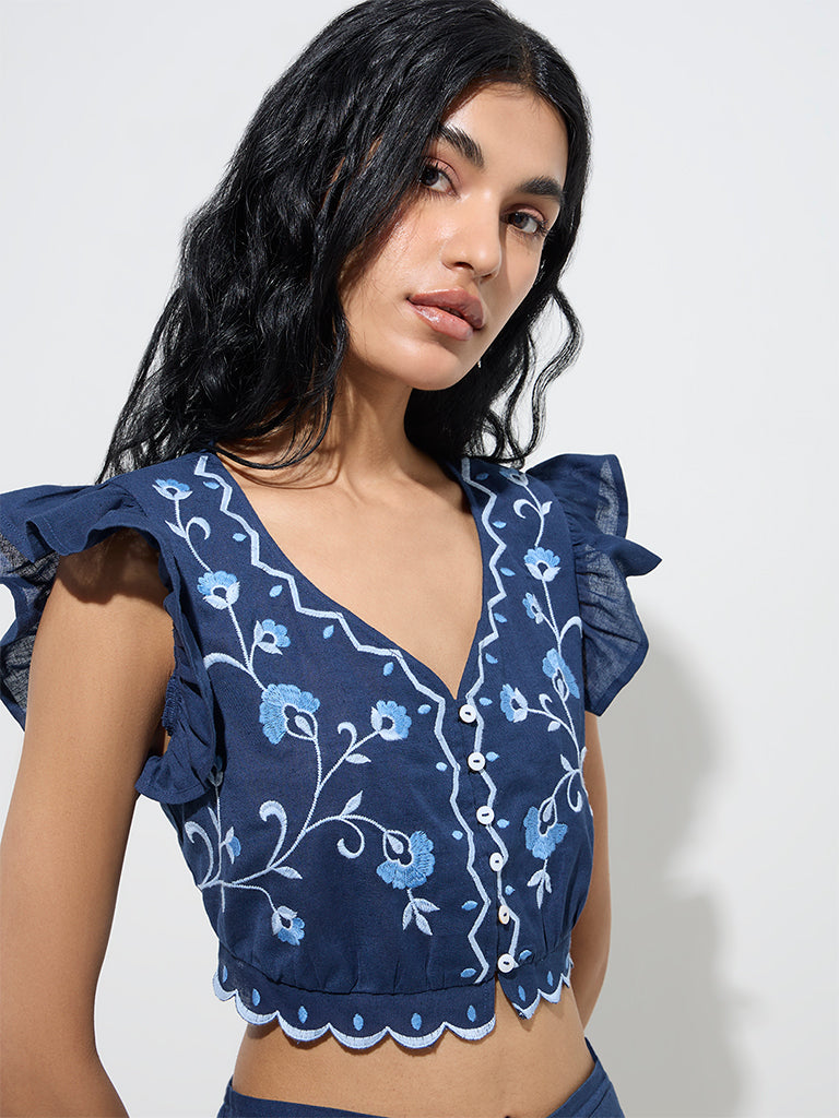 Bombay Paisley Navy Embroidered Cotton-Blend Crop Top