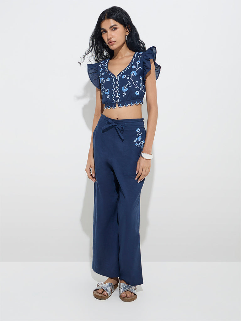 Bombay Paisley Navy Embroidered Cotton-Blend Crop Top