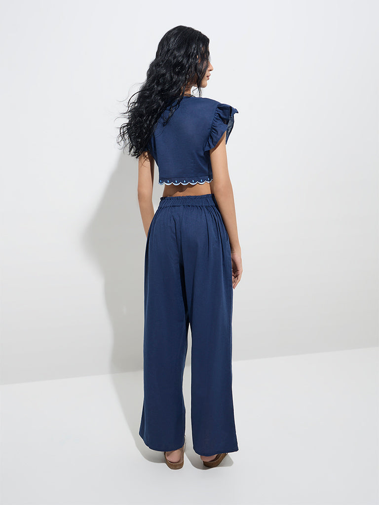 Bombay Paisley Navy Embroidered Cotton-Blend Crop Top