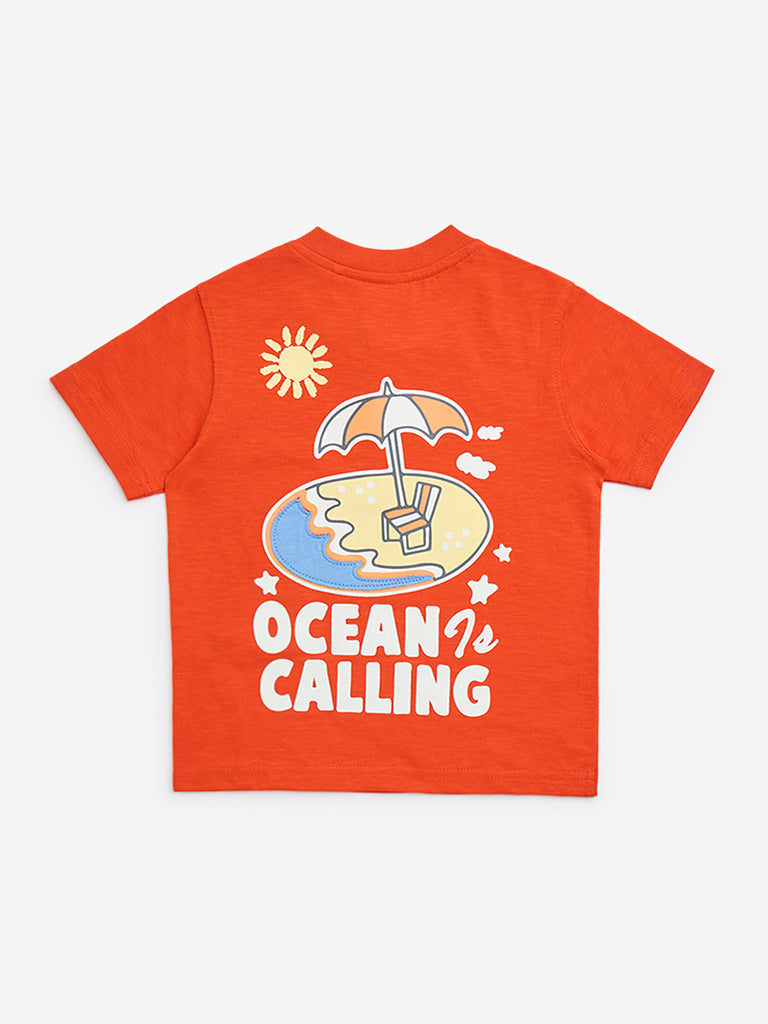 HOP Kids Orange Beach-Themed Cotton T-Shirt