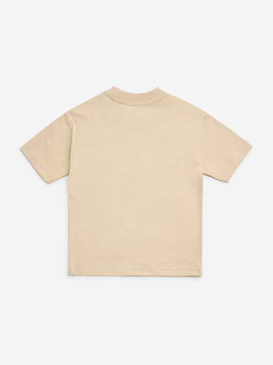 HOP Kids Beige Surfboard Printed Cotton T-Shirt