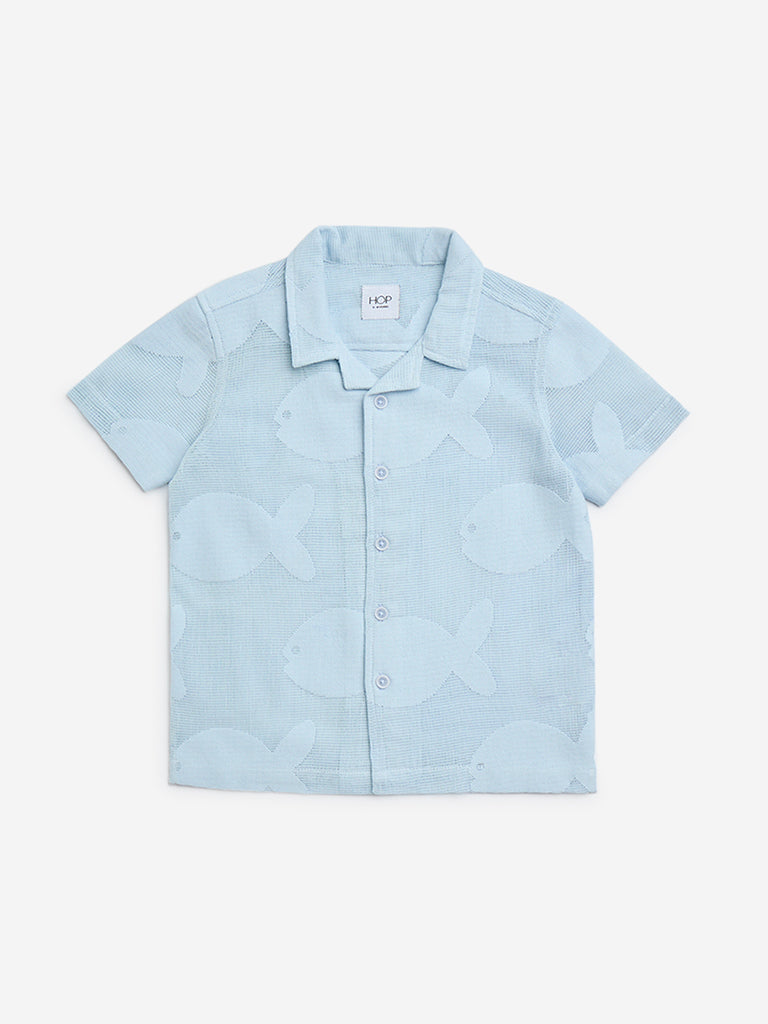 HOP Kids Light Blue Fish Design Cotton-Blend Shirt