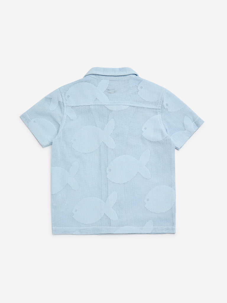 HOP Kids Light Blue Fish Design Cotton-Blend Shirt
