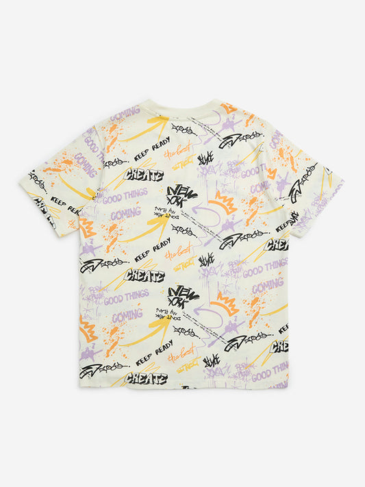 Y&F Kids Off-White Text-Printed Cotton T-Shirt