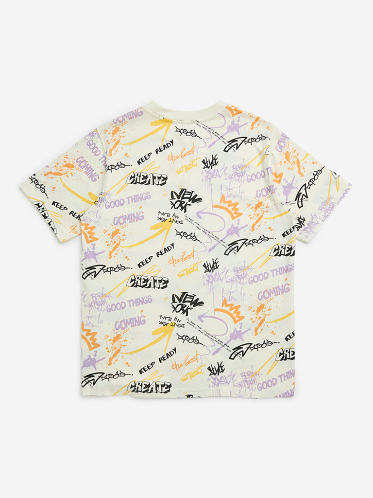 Y&F Kids Off-White Text-Printed Cotton T-Shirt