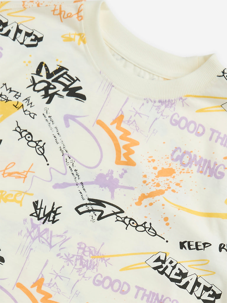 Y&F Kids Off-White Text-Printed Cotton T-Shirt