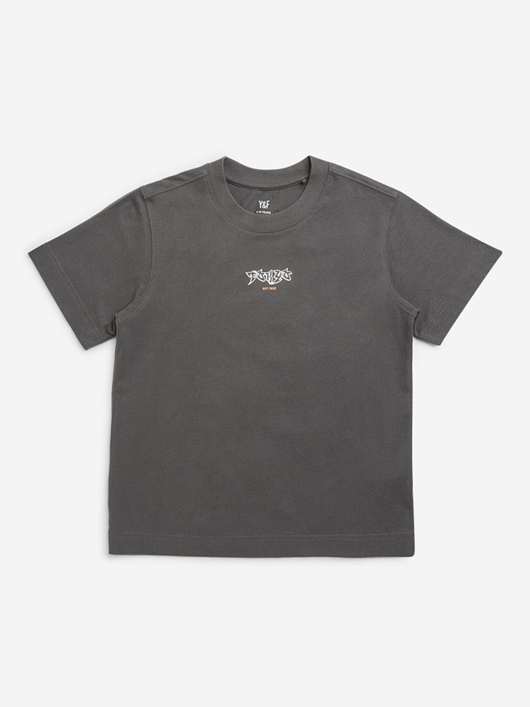 Y&F Kids Grey Text Printed Cotton T-Shirt