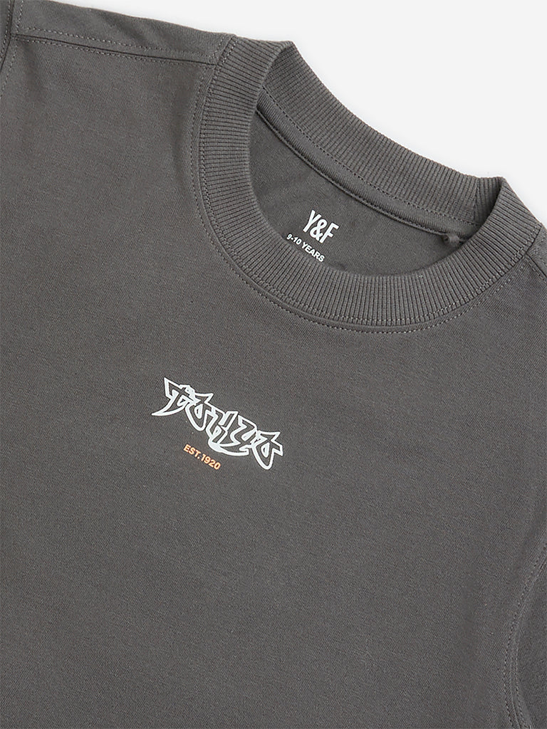 Y&F Kids Grey Text Printed Cotton T-Shirt