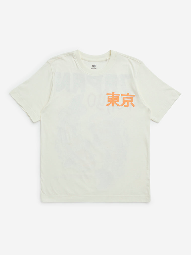 Y&F Kids Off-White Japanese Graphic Printed Cotton T-Shirt