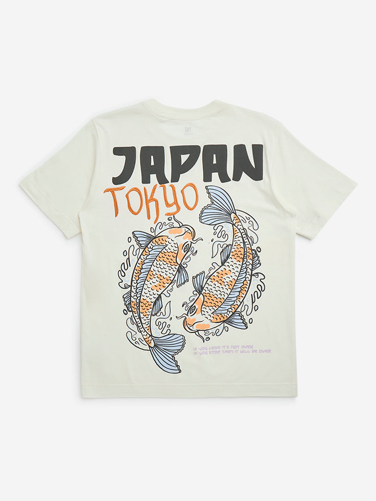 Y&F Kids Off-White Japanese Graphic Printed Cotton T-Shirt
