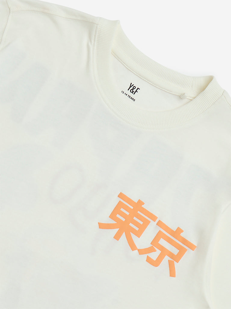 Y&F Kids Off-White Japanese Graphic Printed Cotton T-Shirt