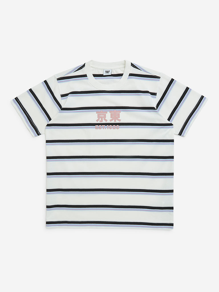 Y&F Kids White Stripe Printed Cotton-Blend T-Shirt
