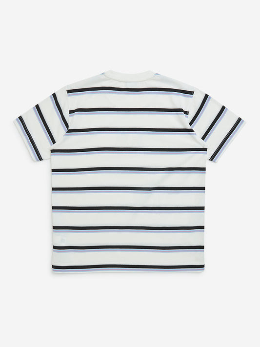 Y&F Kids White Stripe Printed Cotton-Blend T-Shirt