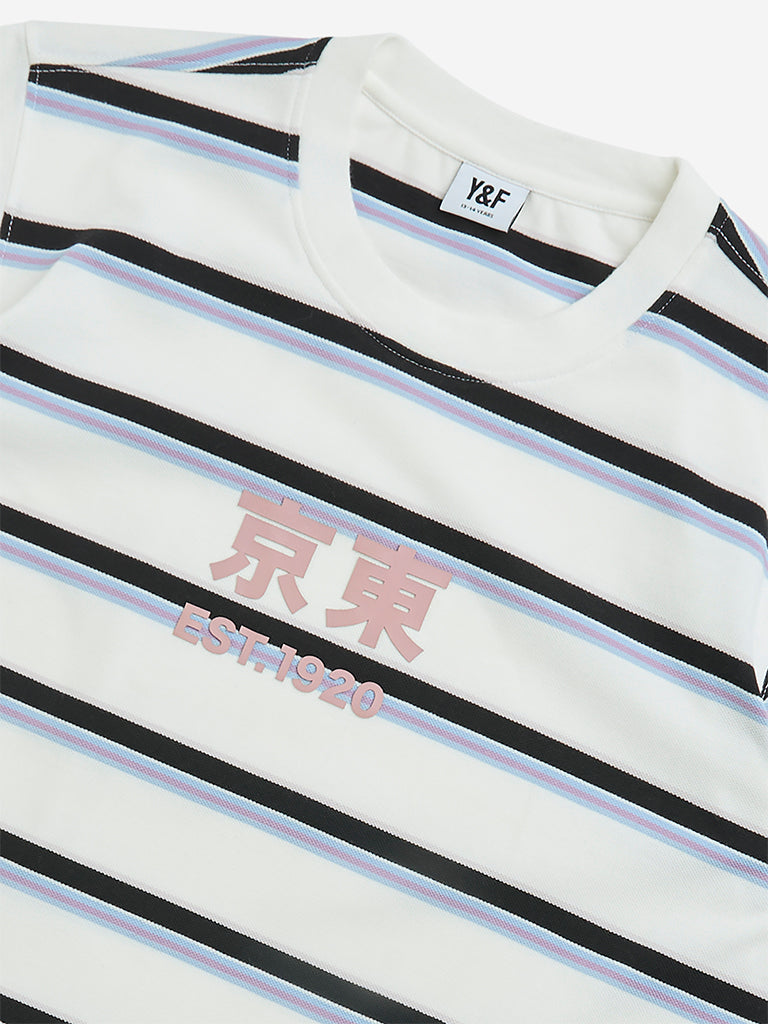 Y&F Kids White Stripe Printed Cotton-Blend T-Shirt