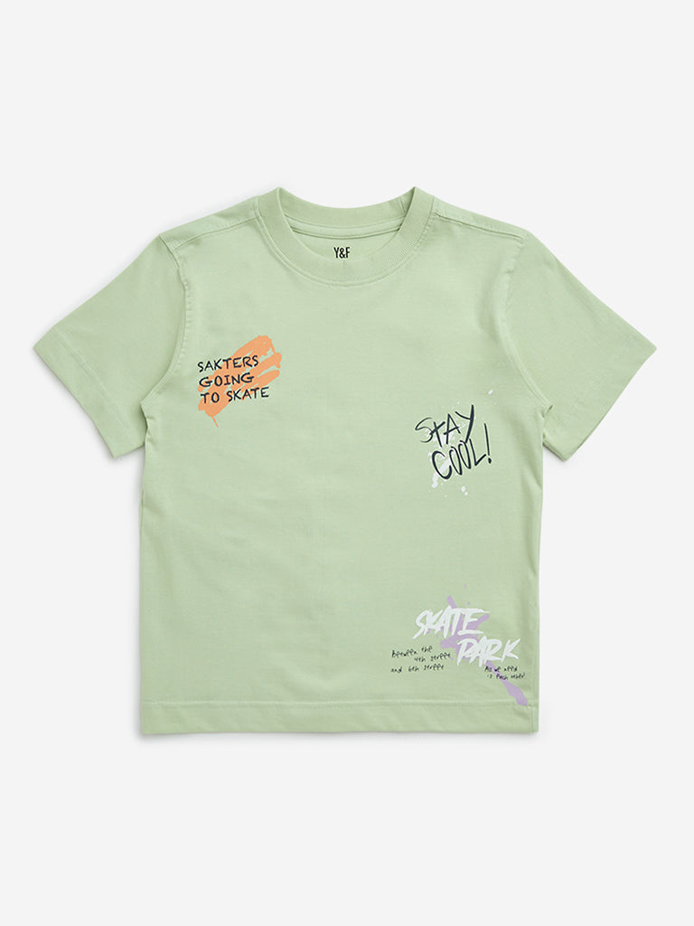 Y&F Kids Sage Text Design Cotton T-Shirt