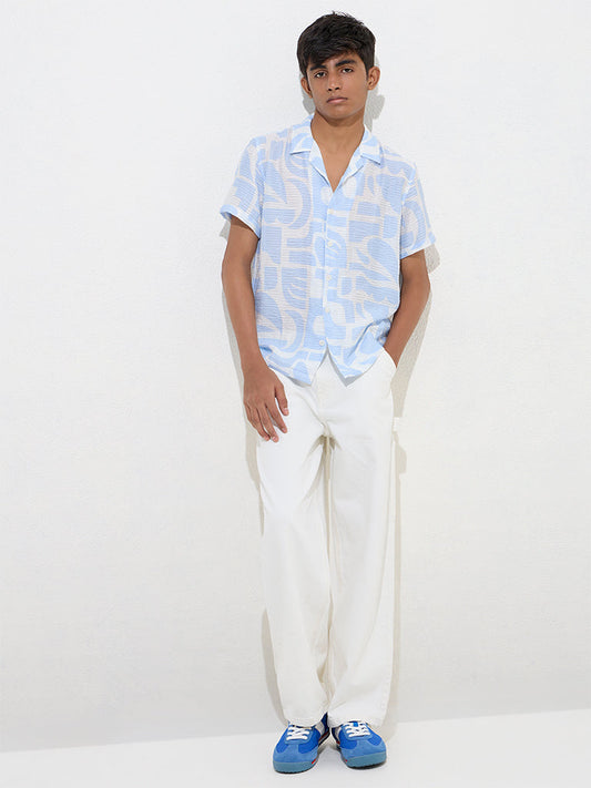 Y&F Kids Light Blue Abstract-Printed Resort-Fit Shirt