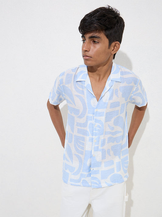 Y&F Kids Light Blue Abstract-Printed Resort-Fit Shirt