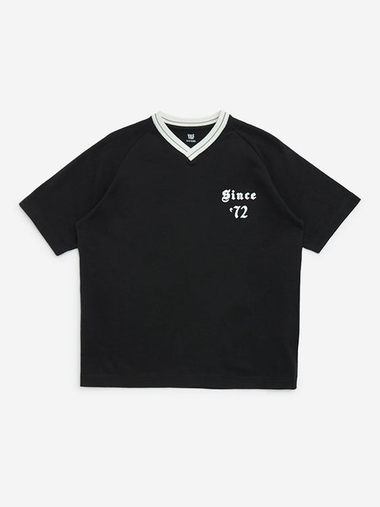 Y&F Kids Black Text Printed Cotton T-Shirt
