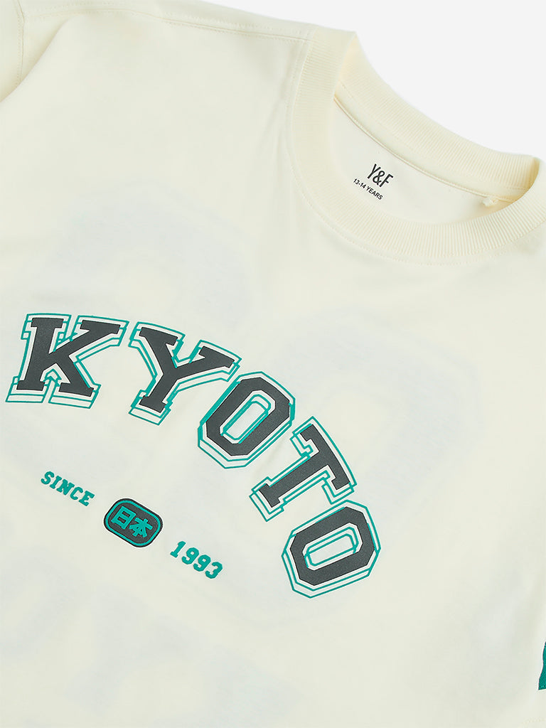 Y&F Kids Off-White Text Design Cotton T-Shirt
