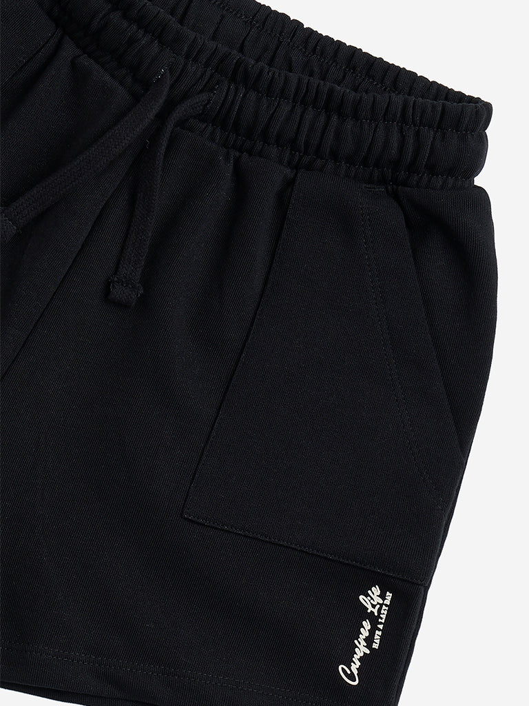 Y&F Kids Black Solid High-Rise Cotton-Blend Shorts