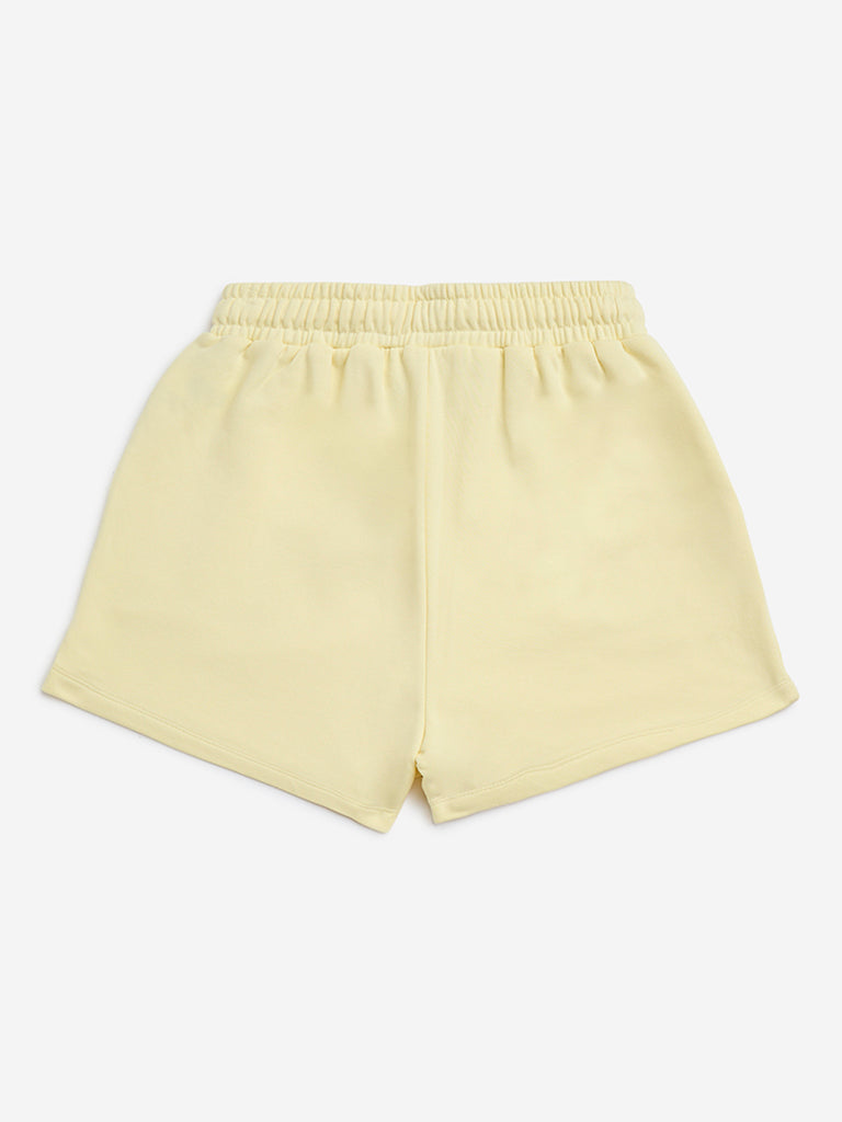 Y&F Kids Yellow Text Design High-Rise Cotton-Blend Shorts